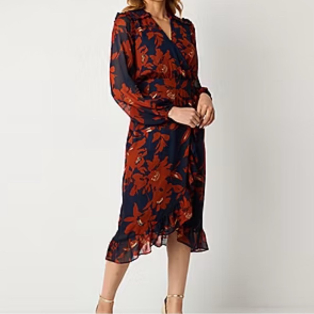 52seven NWT Womens Long Sleeve Floral Midi Fit + Flare Dress Navy Rust Color